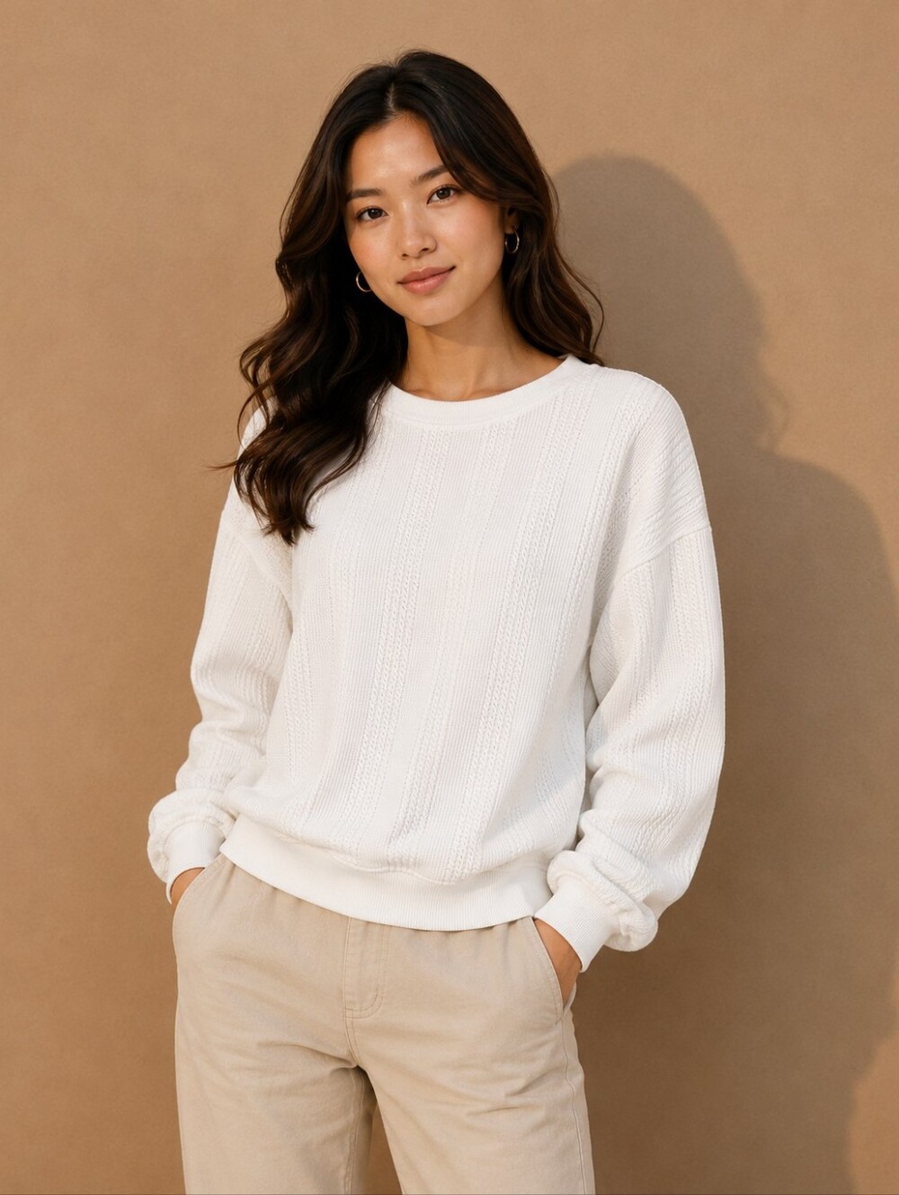 Zyia Women's White Textured Knit Pullover Sweatshirt Size XL